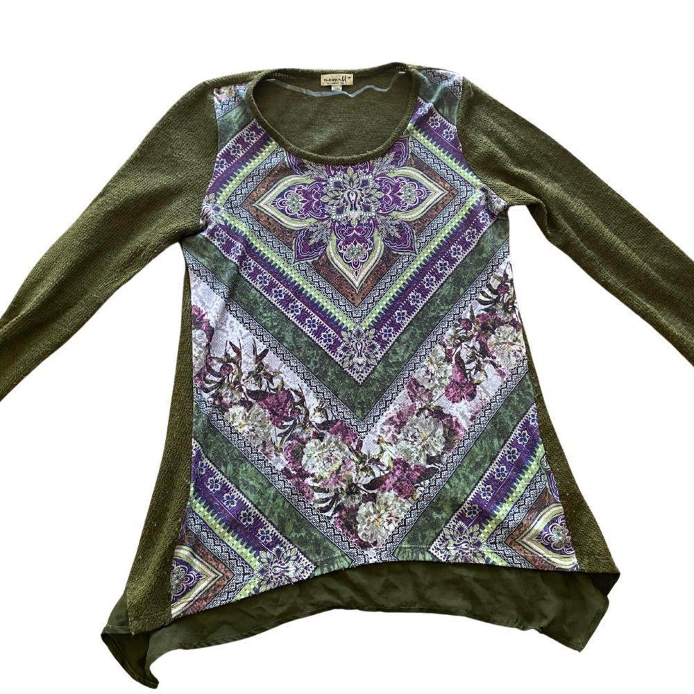 One World Bohohemian Top - Hippie Olive Green Long Sleeve Shirt - Size Medium